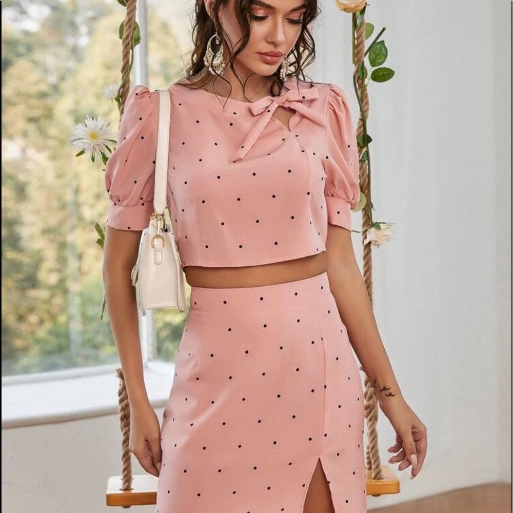Polka Dot Tie Neck Puff Sleeve Top W/ Skirt NWOT